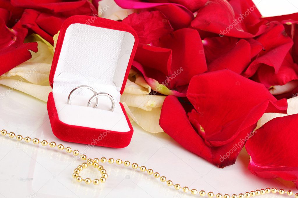 Beautiful box with wedding rings on red, white and pink rose petals ...