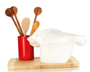 şef şapkasını üzerine beyaz izole kaşık ile