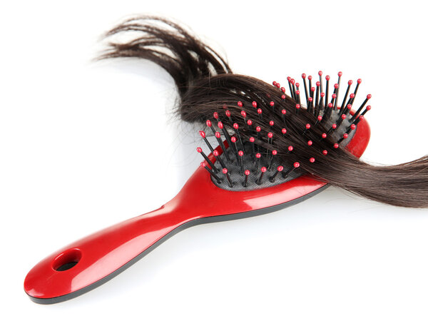 comb brush with hair, isolated on white