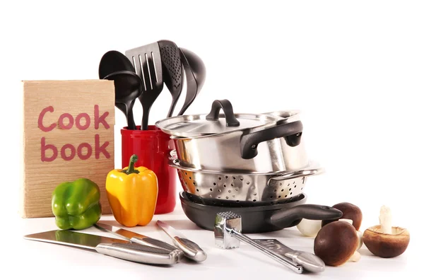 Composition of kitchen tools and vegetables isolated on white — Stock Photo, Image