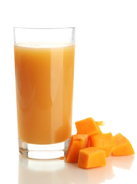 Glass of tasty pumpkin juice and pumpkin, isolated on white — Stock Photo, Image