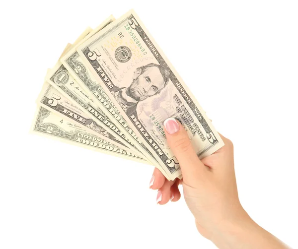 Weibliche Hand mit Dollars, Nahaufnahme, isoliert auf weiß — Stockfoto