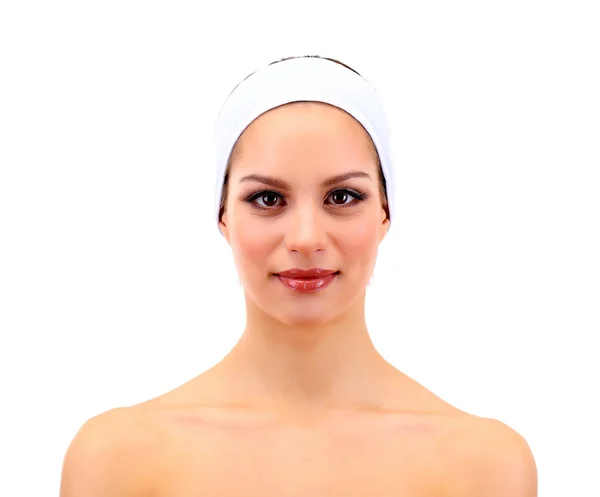 Genç kadın üzerinde beyaz izole gri saç bandı — Stok fotoğraf