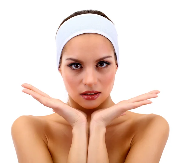 Young woman in gray headband, isolated on white — Stock Photo, Image