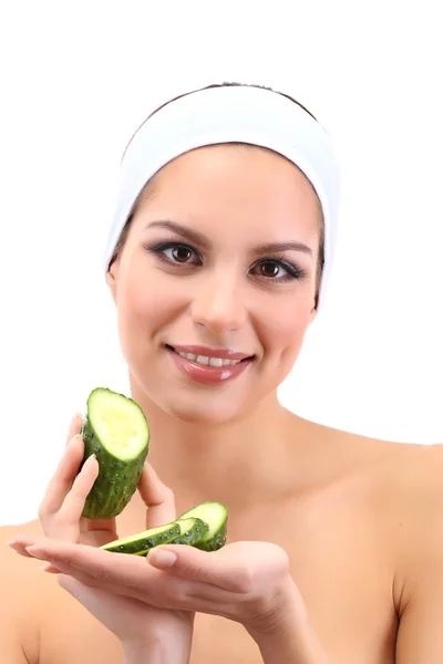 Jovem com fruto.Conceito: Máscaras de frutas faciais. Isolado em branco — Fotografia de Stock