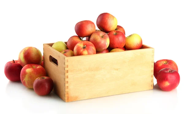 Juicy apples in wooden crate, isolated on white Stock Image