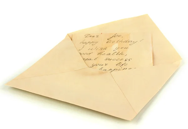 Vieille enveloppe ouverte avec lettre isolée sur blanc — Photo