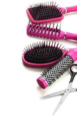 Tara fırçalar ve saç kesme makası, üzerinde beyaz izole