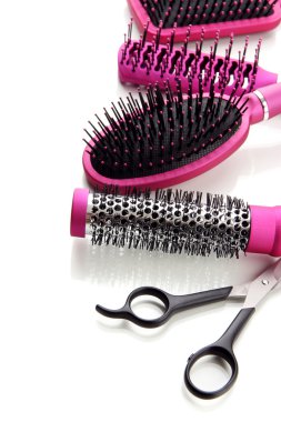 Tara fırçalar ve saç kesme makası, üzerinde beyaz izole