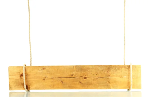 Boş tahta işaret üzerine beyaz izole ip asılı — Stok fotoğraf