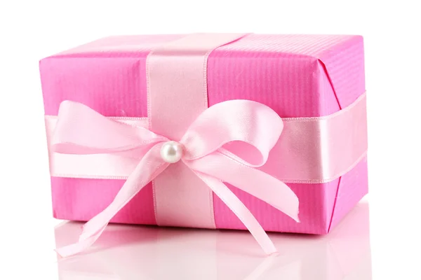 Барвистий рожевий подарунок з бантом ізольовано на білому — стокове фото