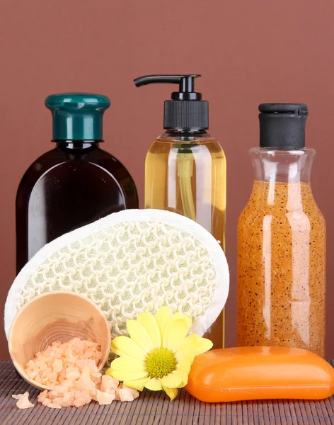 Set for care of a body on brown background — Stock Photo, Image