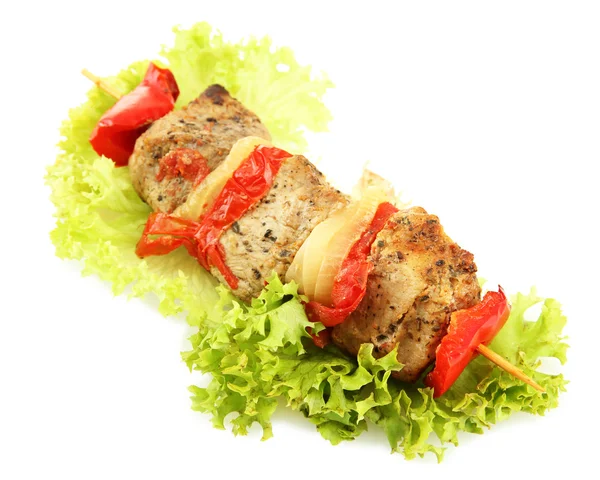Tasty grilled meat and vegetables on skewer, isoalted on white — Stock Photo, Image