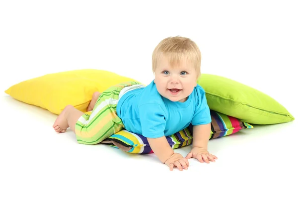 Bambino e cuscini di colore, isolati su bianco — Foto Stock