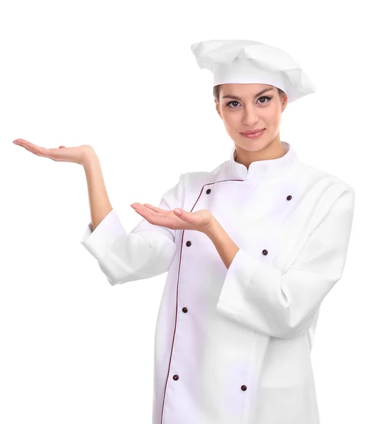 Portrait of young woman chef isolated on white — Stock Photo, Image