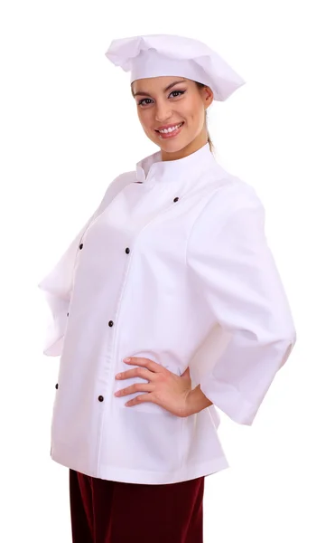 Портрет молодої жінки шеф-кухаря ізольовано на білому — стокове фото