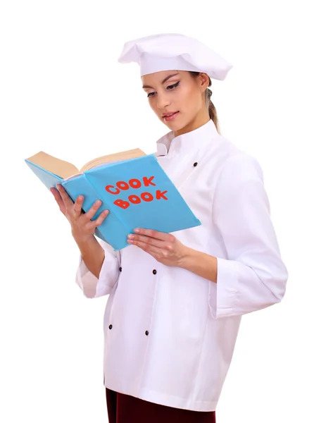 Portrait de jeune femme chef avec livre de cuisinier isolé sur blanc — Photo