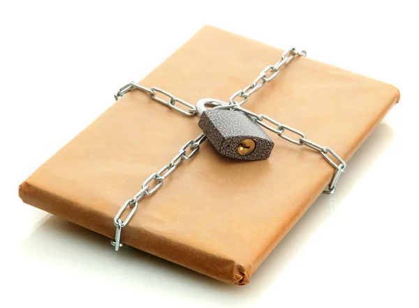 Parcel with chain and padlock, isolated on white — Stock Photo, Image
