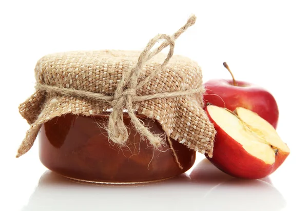 Tasty homemade jam and apples, isolated on white — Stock Photo, Image