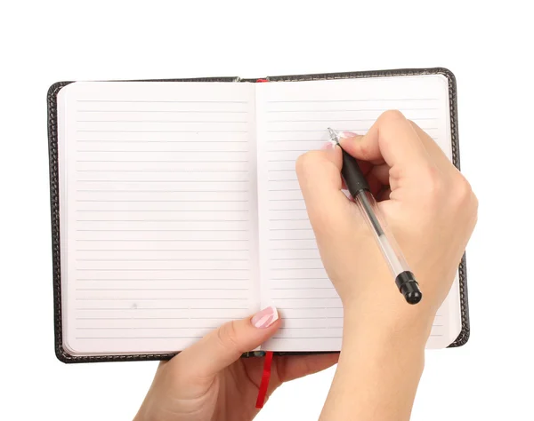 Hand schrijven op notebook, geïsoleerd op wit — Stockfoto