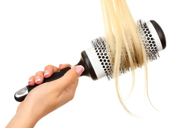 Blond curls brushing comb isolated on white — Stock Photo, Image