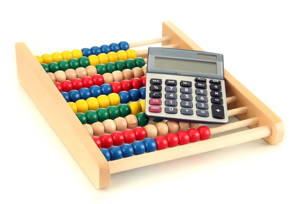 Bright wooden toy abacus and calculator, isolated on white — Stock Photo, Image