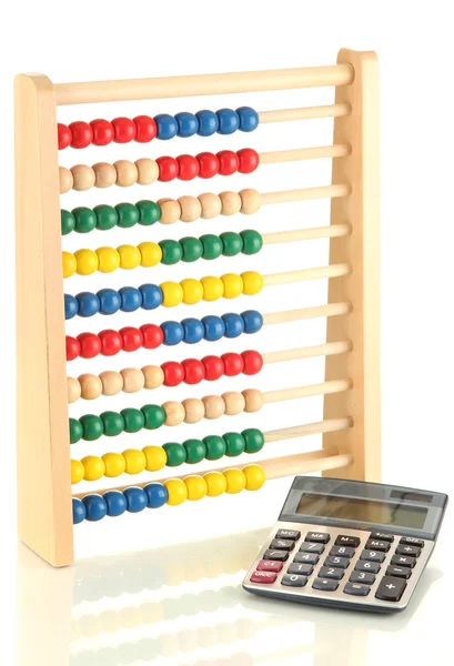 Bright wooden toy abacus and calculator, isolated on white — Stock Photo, Image