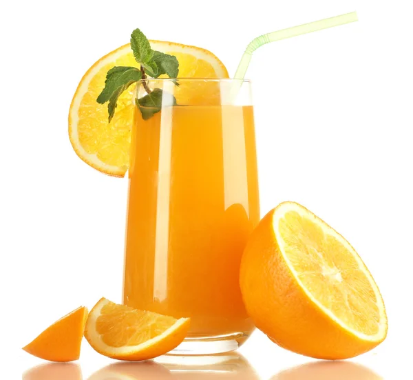 Glass of orange juice with mint and orange isolated on white — Stock Photo, Image