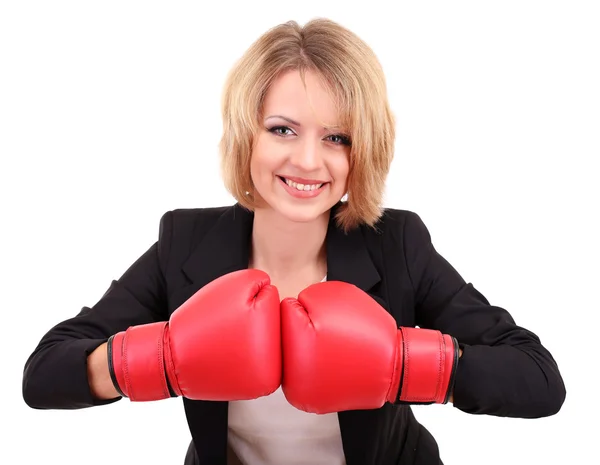 Joven mujer de negocios hermosa con guantes de boxeo aislados en blanco —  Fotos de Stock