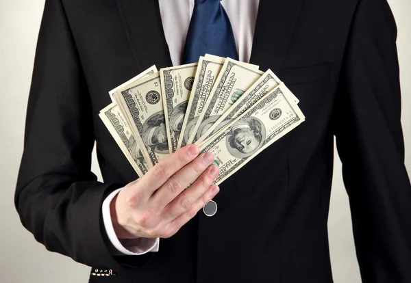 Business man holds lot of money on grey background — Stock Photo, Image