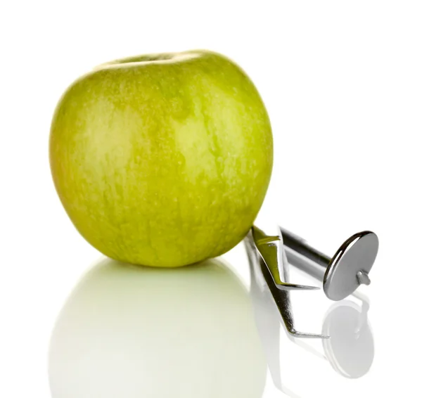 青リンゴ、白で隔離される歯科用ツール — ストック写真