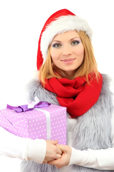 Attractive young woman holding Christmas gift, isolated on white — Stock Photo, Image