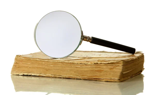 Magnifying glass and book isolated on white — Stock Photo, Image