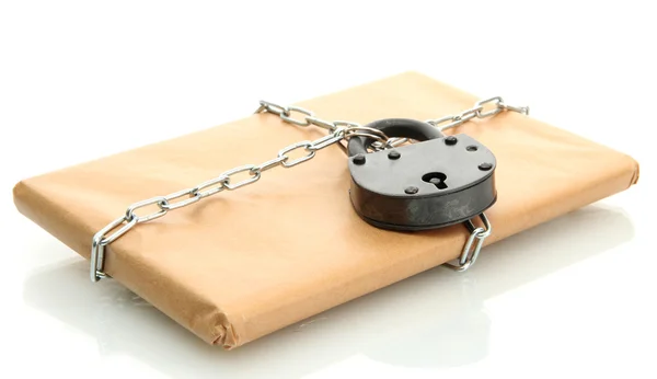 Parcel with chain and padlock, isolated on white — Stock Photo, Image