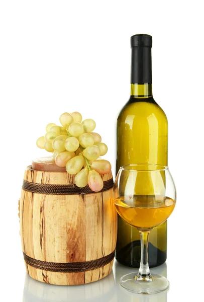 Composition of wine and grapes on wooden barrel isolated on white — Stock Photo, Image