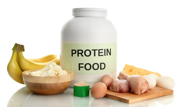 罐蛋白粉和白蛋白的食物 — 图库照片