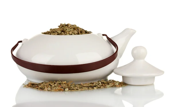 Beyaz izole çaydanlık, kurumuş otlar. bitkisel çay kavramsal fotoğraf. — Stok fotoğraf