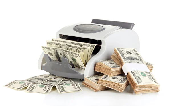 Machine for counting money and 100 dollar bills isolated on white — Stock Photo, Image