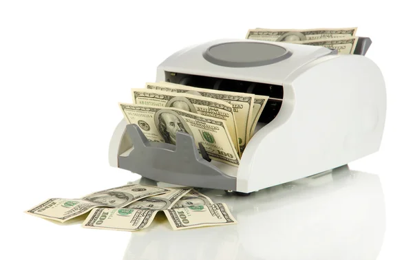 Machine à compter l'argent et les billets de 100 dollars isolés sur blanc — Photo