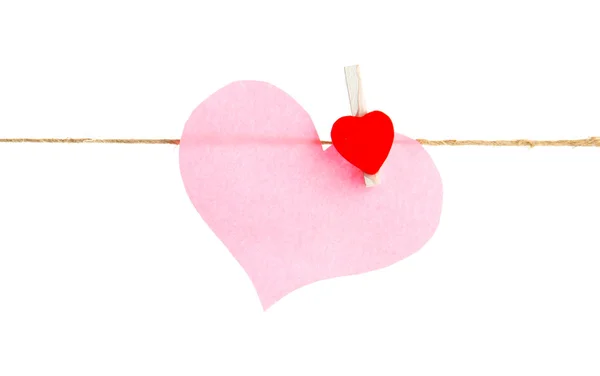 Paper heart on rope, isolated on white — Stock Photo, Image