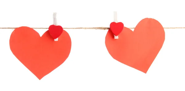 Two paper hearts on rope, isolated on white — Stock Photo, Image