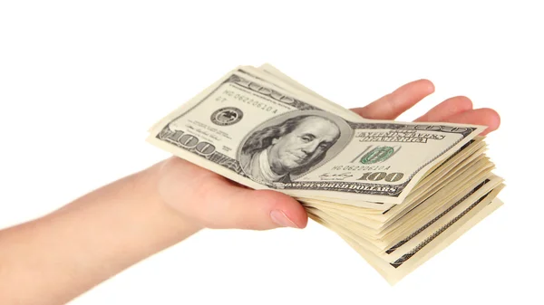 Стек сто доларів банкноти в руці крупним планом ізольовані на білому — стокове фото