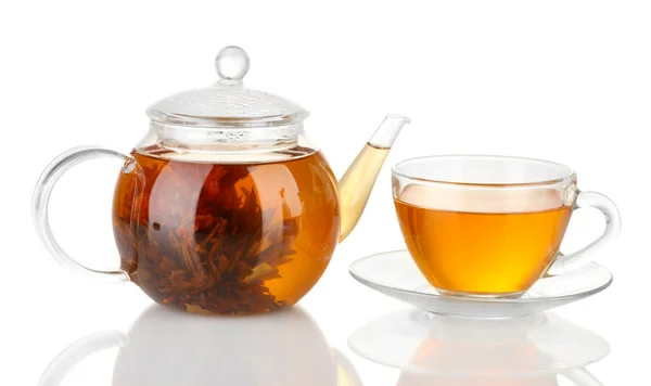 Exotic green tea with flowers in glass teapot isolated on white — Stock Photo, Image