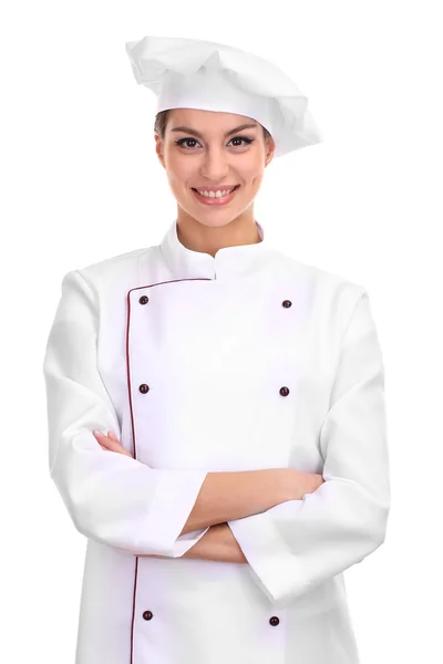 Portrait of young woman chef isolated on white Stock Image