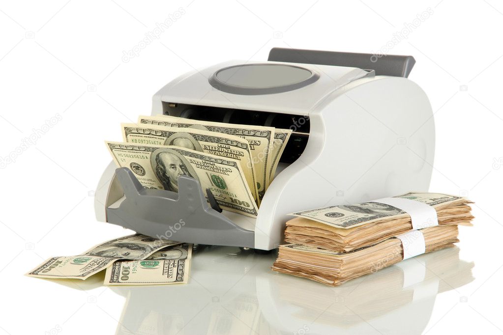 Machine for counting money and 100 dollar bills isolated on white