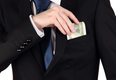 iş adamı para üzerinde beyaz izole cebinde saklanıyor