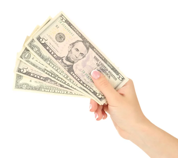 Mão feminina com dólares, de perto, isolada em branco — Fotografia de Stock