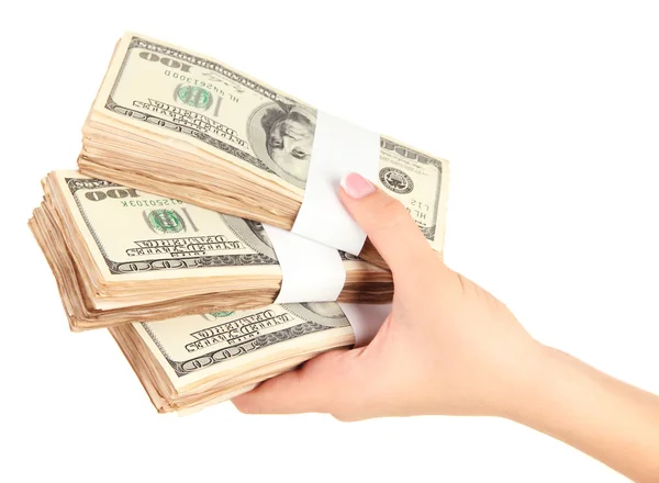 Γυναικείο χέρι με δολάρια, φράζω, απομονωμένα σε λευκό — Φωτογραφία Αρχείου