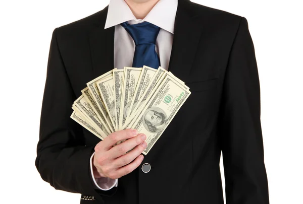 Homem de negócios detém muito dinheiro isolado em branco — Fotografia de Stock