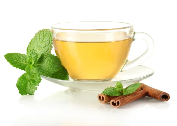 Cup of tea with mint and cinnamon isolated on white — Stock Photo, Image